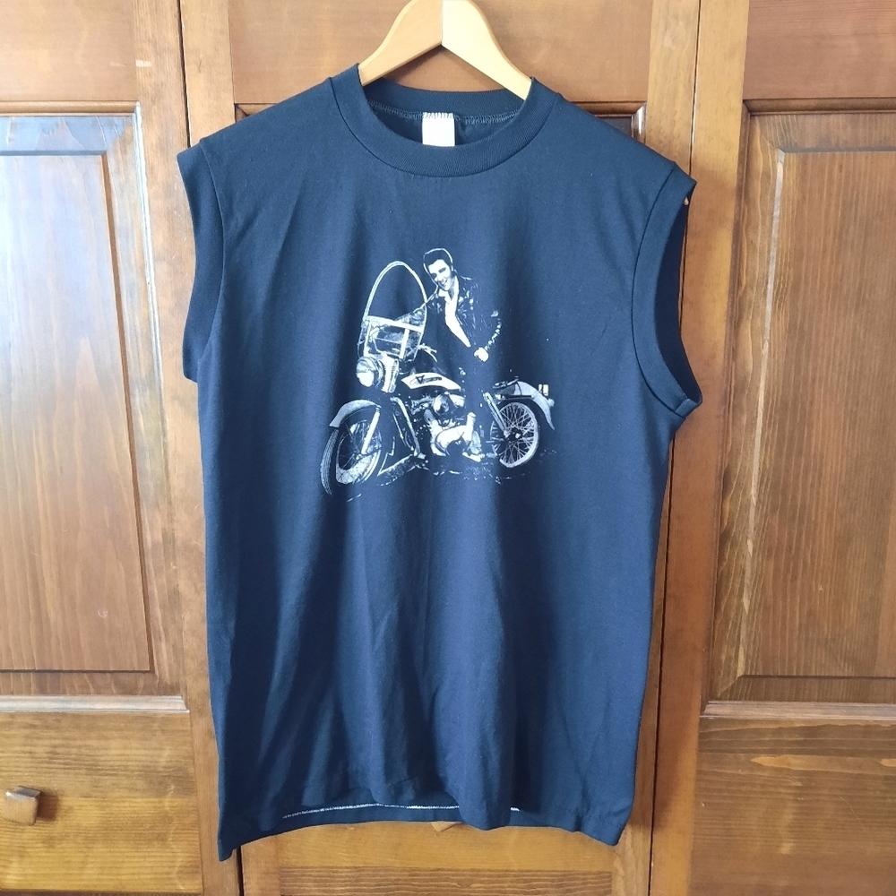 Vintage 80s Elvis Presley Motorcycle Black Graphic Sleeveless T-shirt Size Large